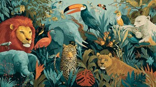 缤纷丛林中的野生动物聚会