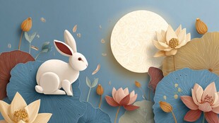 玉兔伴月赏荷图