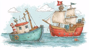 海上双船 渔船与海盗船