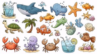 海洋生物与夏日元素插画