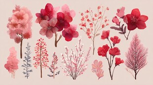 手绘粉色系花卉植物集合