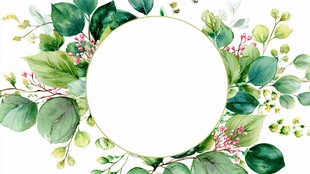 绿叶环绕的圆形水彩边框