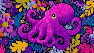 梦幻紫章鱼畅游缤纷花海