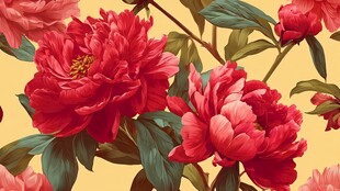 艳丽红牡丹绽放于黄背景