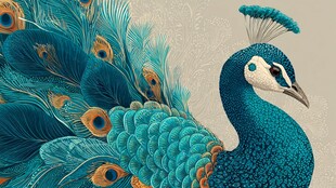 蓝绿孔雀插画 羽毛绚丽