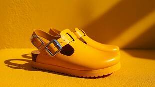 亮黄色双扣带时尚木底鞋