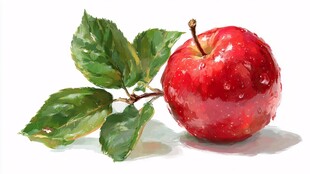 鲜红带叶苹果水彩画