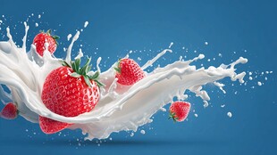 草莓跃入牛奶的动感瞬间