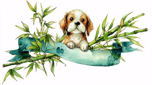 小狗倚翠竹 清新水彩风