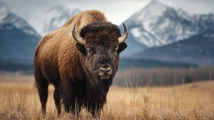 草原上的野牛与雪山景致