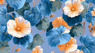 蓝底橙花植物花卉图案