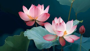 两朵盛开的娇艳粉色荷花