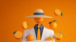 戴帽人物与飞舞的橙子