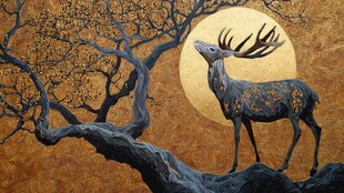 月夜下的鹿与枯树