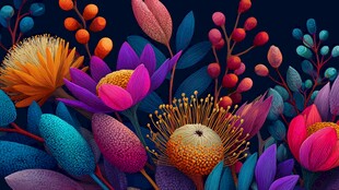 梦幻多彩花卉植物插画