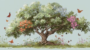 繁花大树下的蝶舞春光