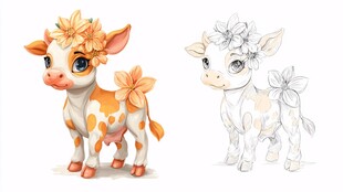 可爱花饰小牛插画