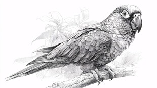 黑白素描鹦鹉栖息枝头