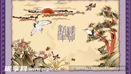 国画矢量图：仙鹤寿桃图ai cs12