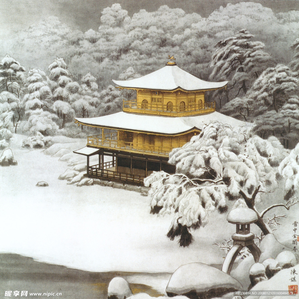 雪中金阁寺图