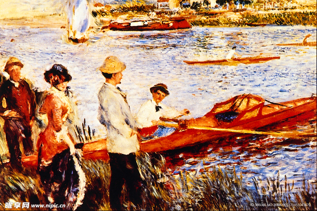 油画出游划船