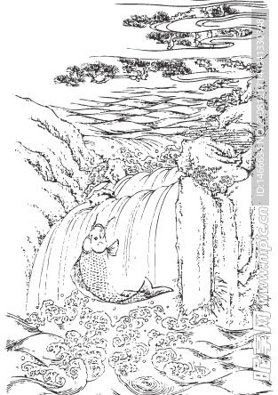 瀑布鲤鱼、矢量国画