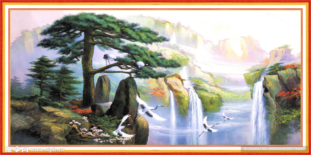 中堂国画水墨画壁画迎客松