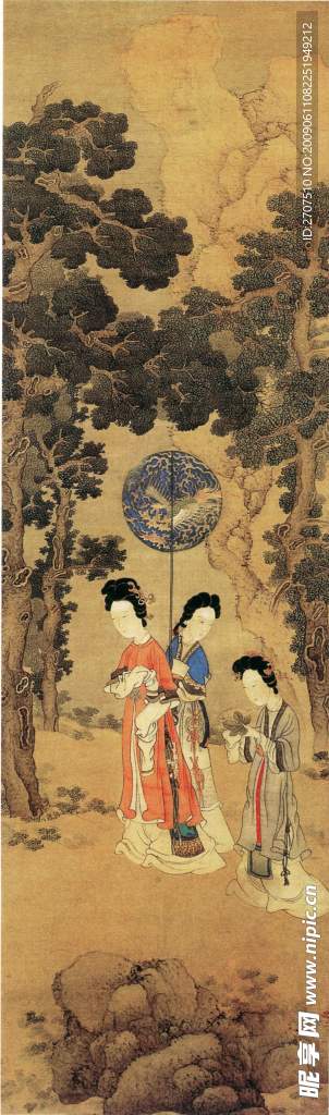 中国画 仕女 松石