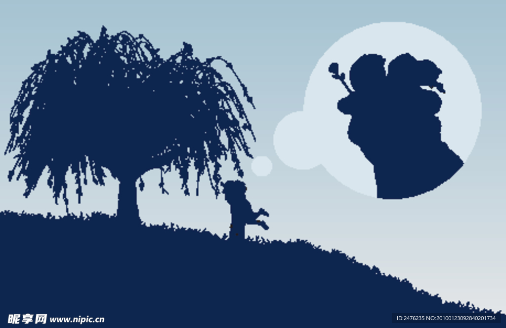 大树下的情侣剪影矢量素材