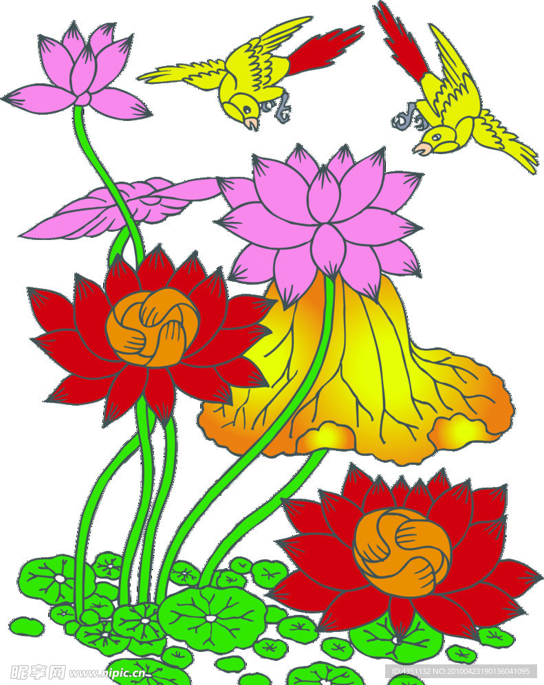 荷叶图莲花图双喜鹊艺术插图