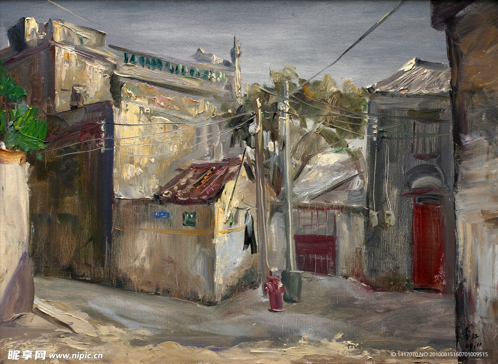 风景油画 老街