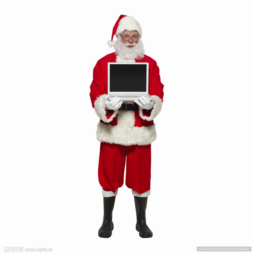 抱着笔记本电脑圣诞老人