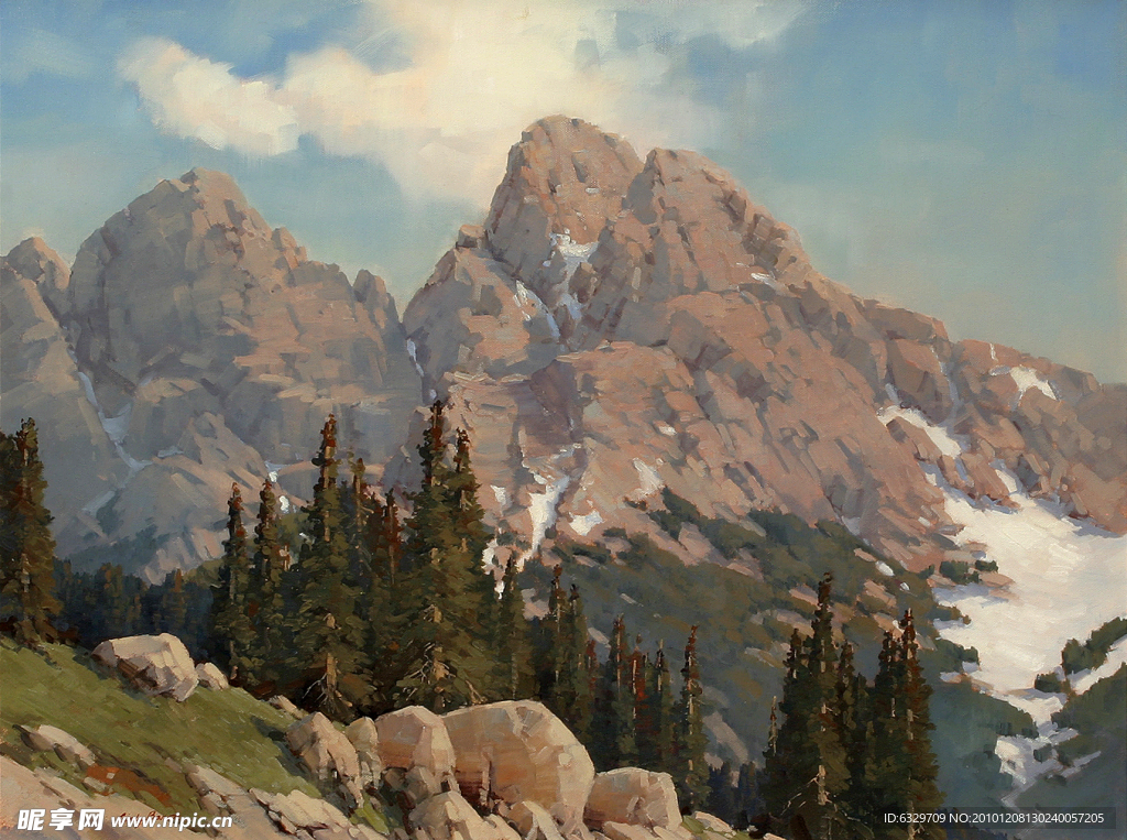 油画高山与松树