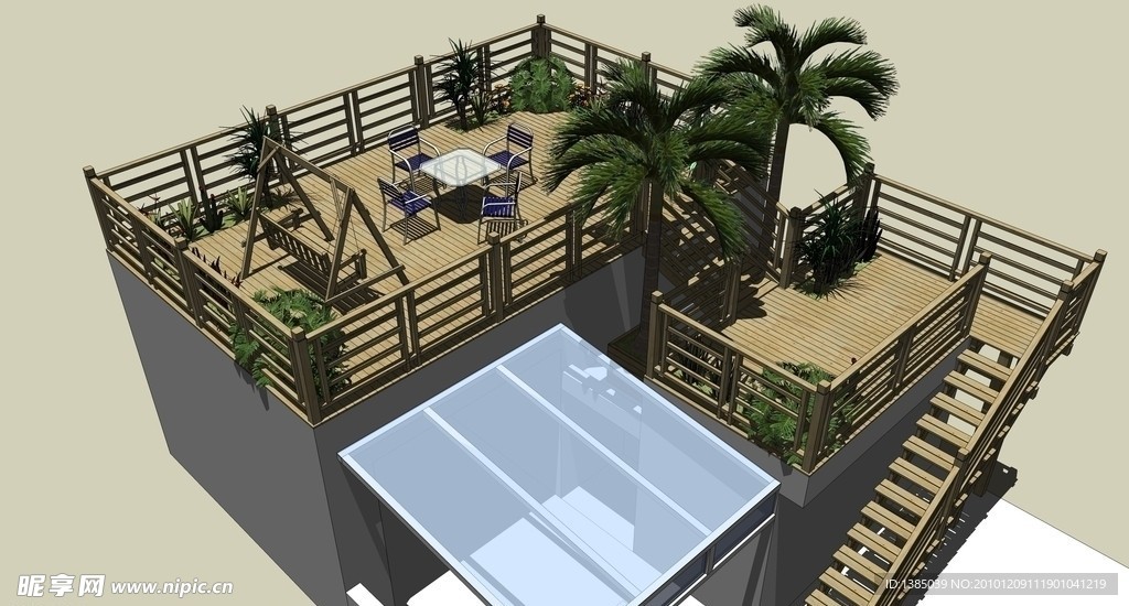 精致的木质楼顶景观楼梯