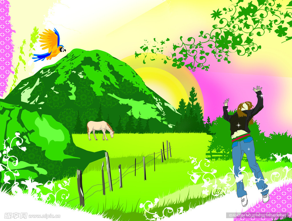 插画春天的郊外