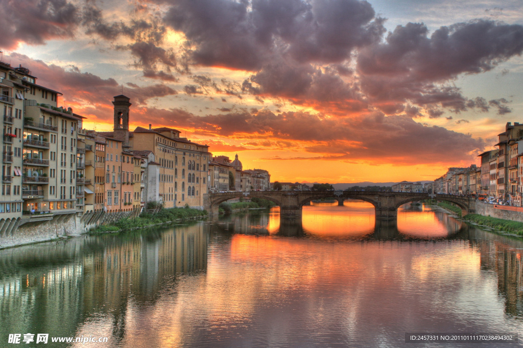湖边城市黄昏风景