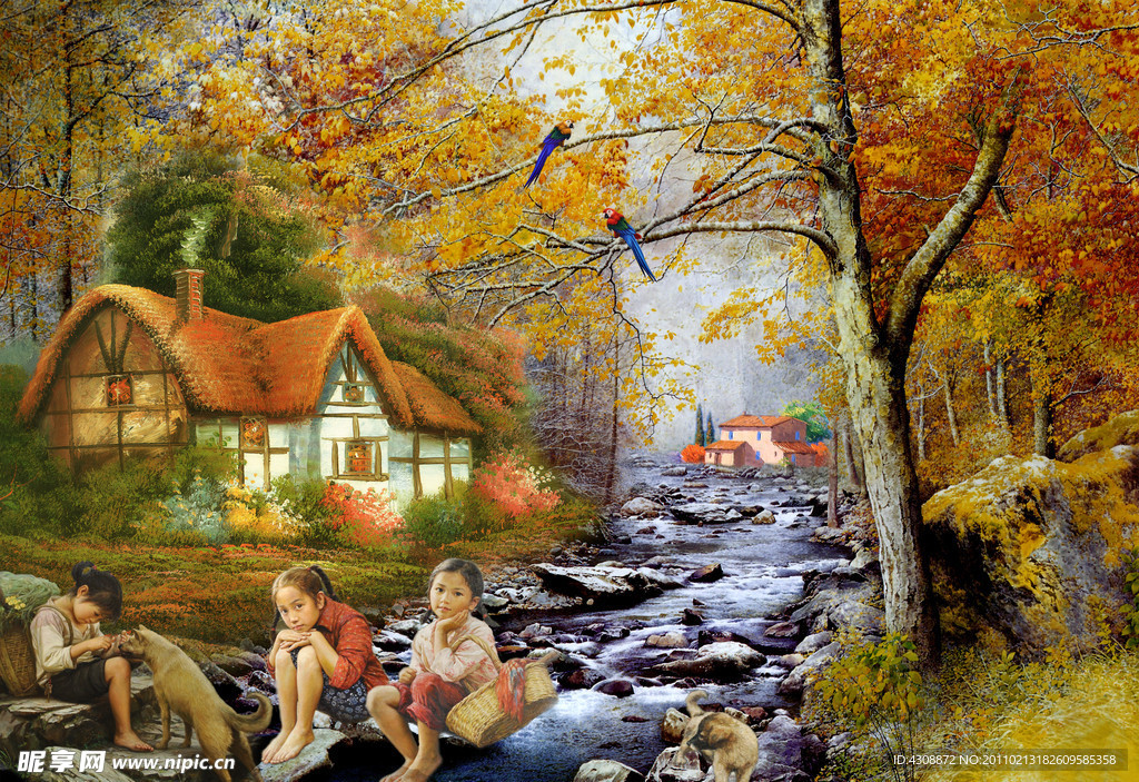 油画风景 山村小姐妹