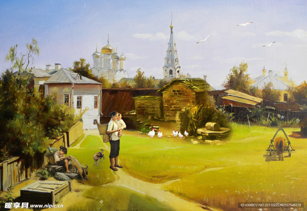 油画风景 农家小院