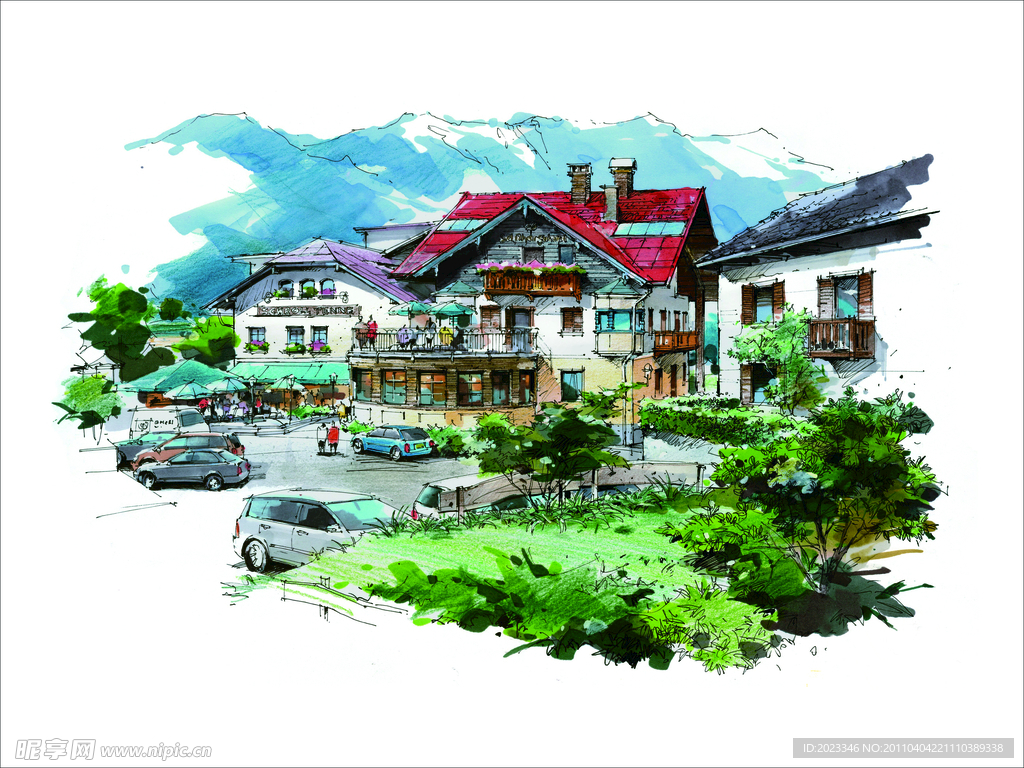 手绘 别墅效果图 景观效果图