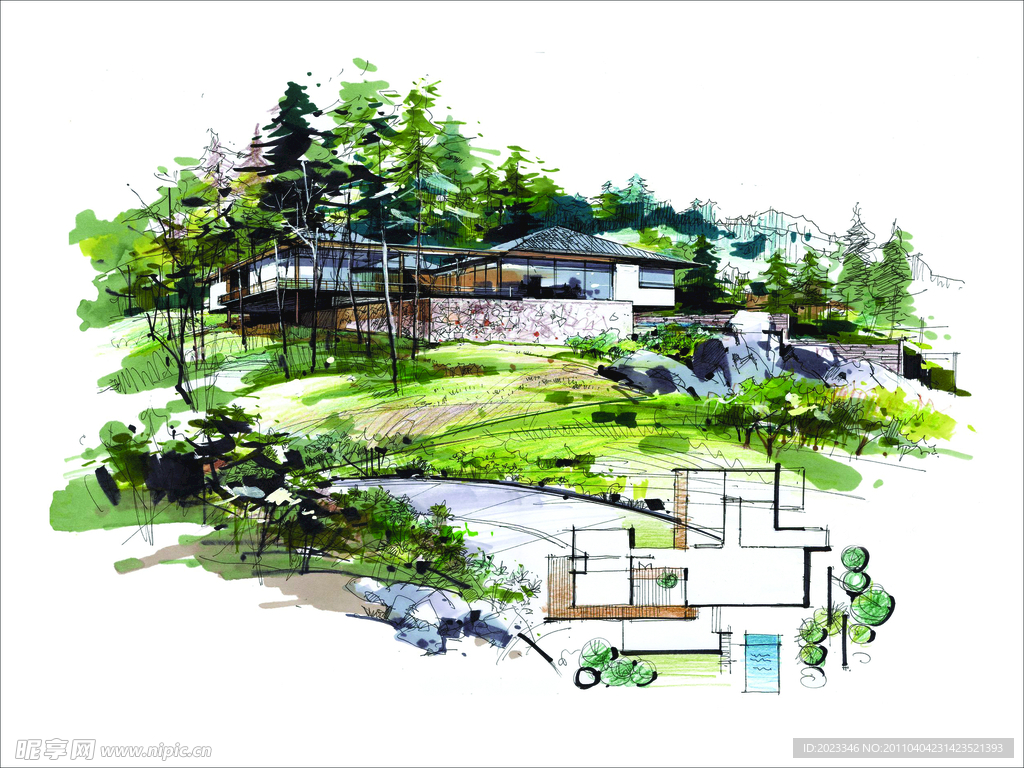 手绘别墅 别墅设计 景观设计