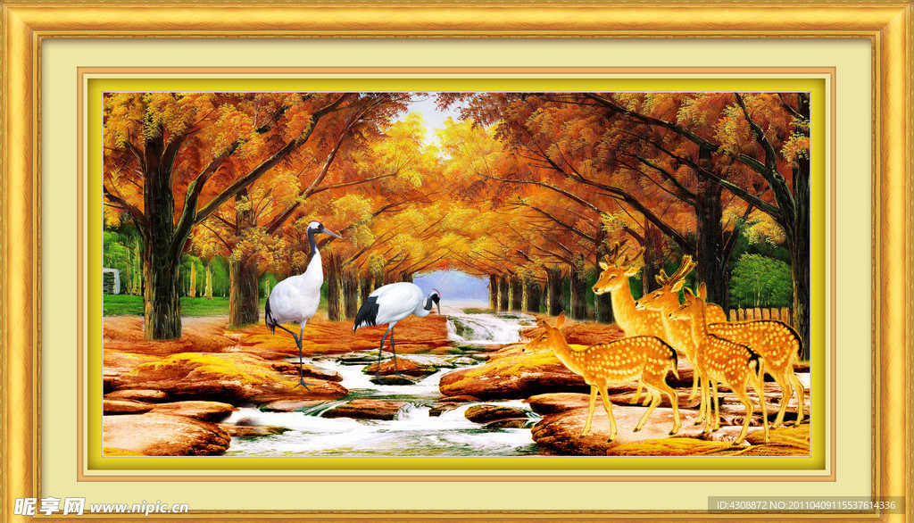 风景油画 鹿鹤同春