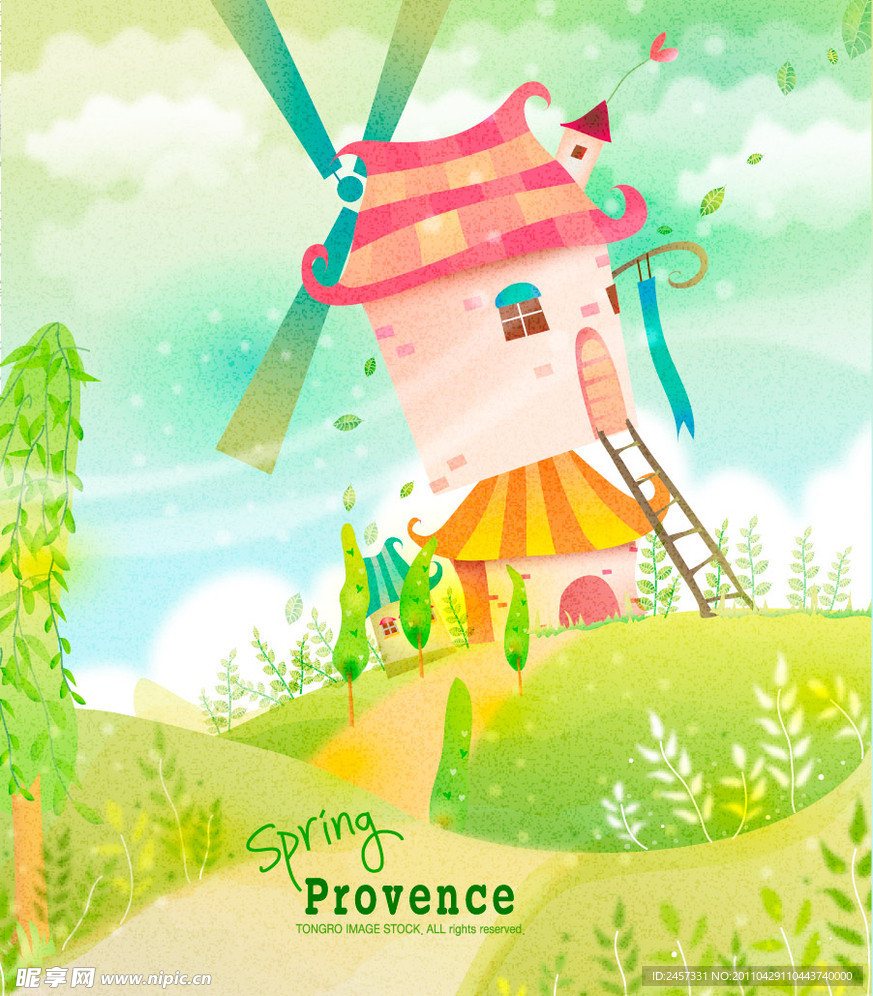 卡通春天梦幻花纹花朵 风车 小路