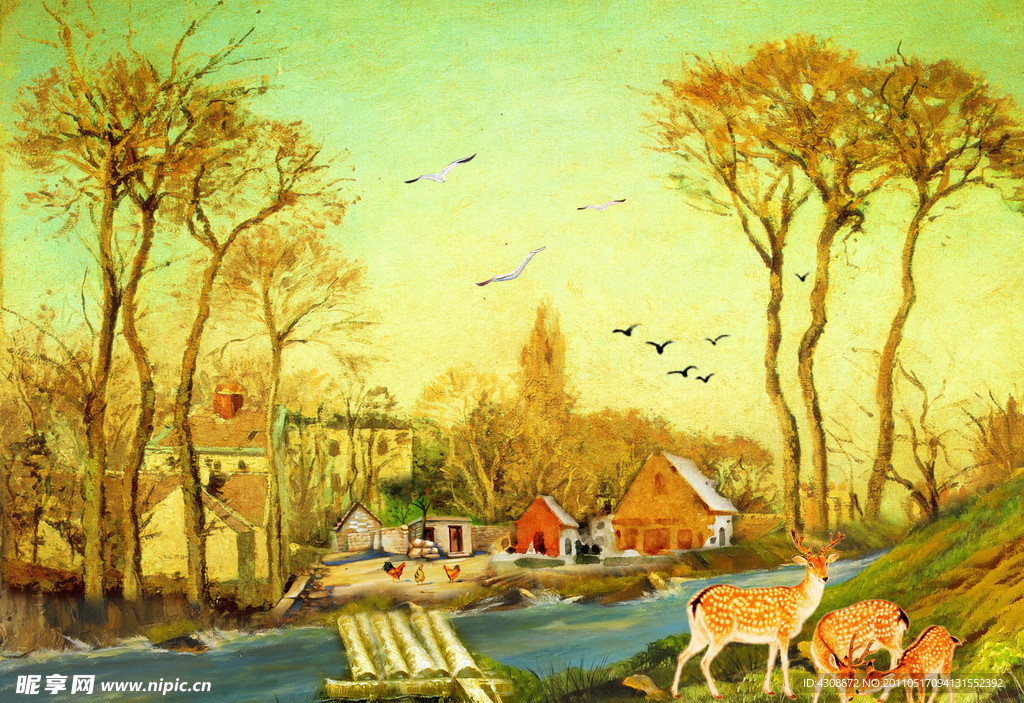 油画风景 山村油画