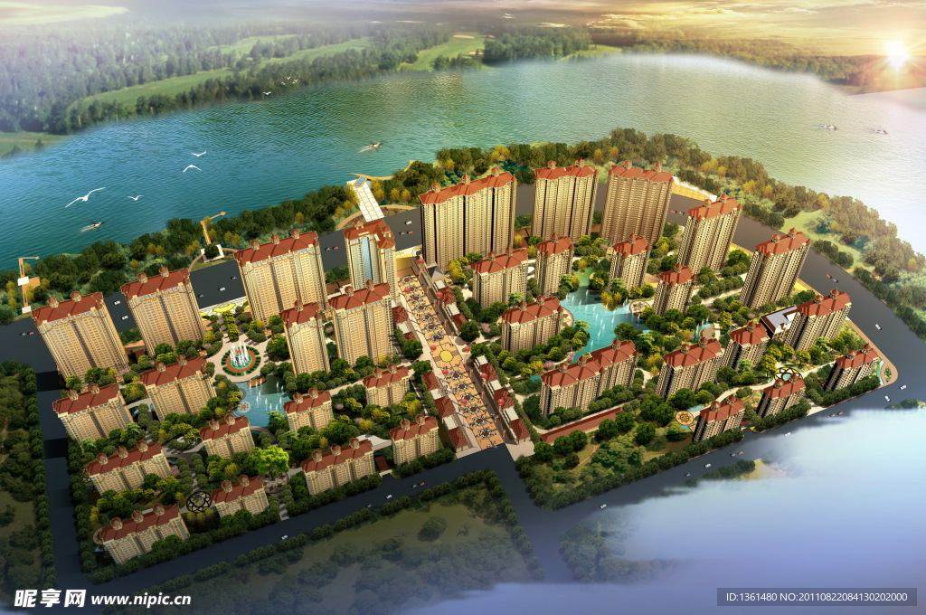 小区日落鸟瞰图