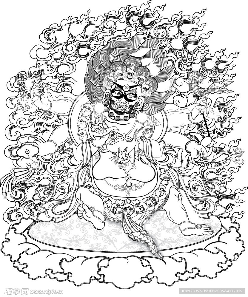 大威德金刚 线描黑白图