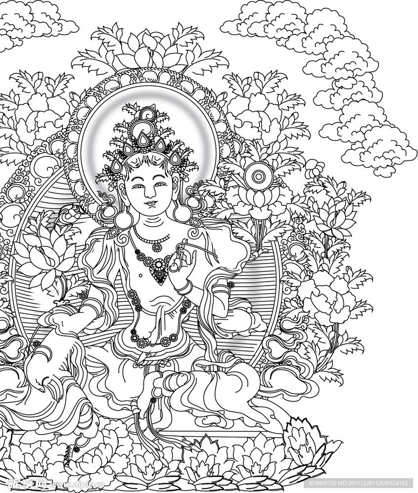 唐卡 绿度母 线勾图黑白图