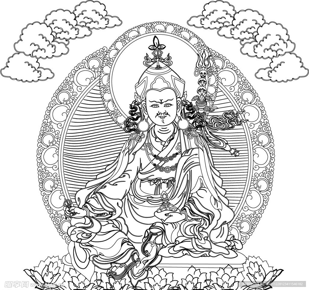 唐卡 莲花生大师 线勾图黑白图