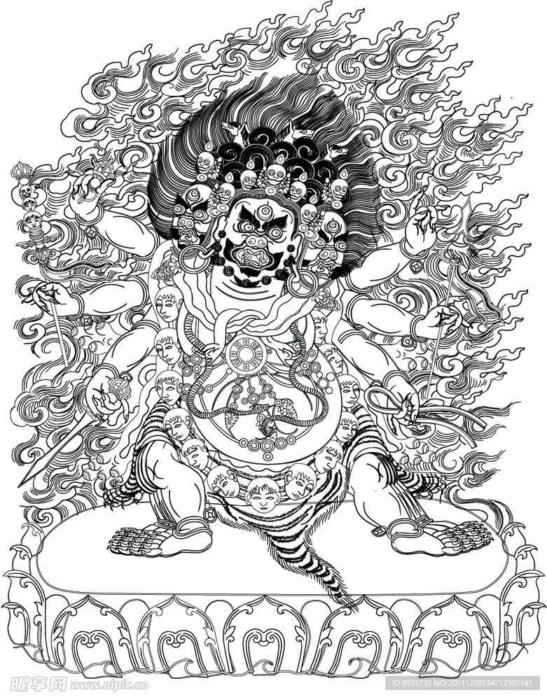 唐卡 马头金刚 线勾图黑白图