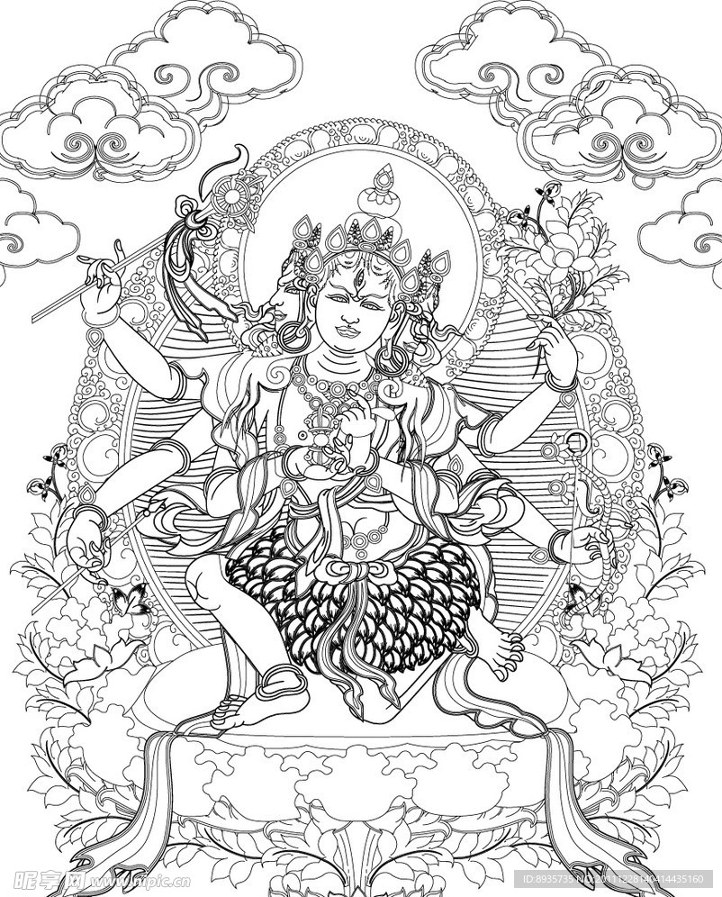 唐卡 叶衣母 线勾图黑白图