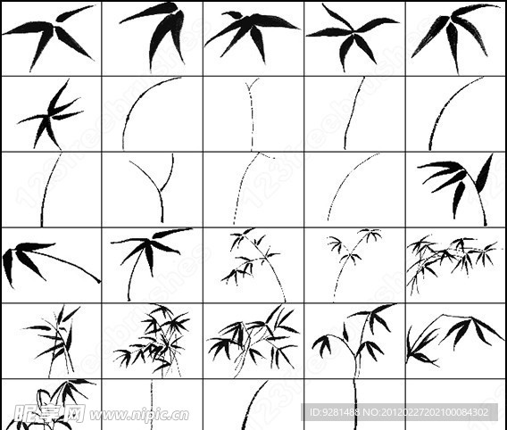 整套水墨画风格竹叶竹子枝杆笔刷